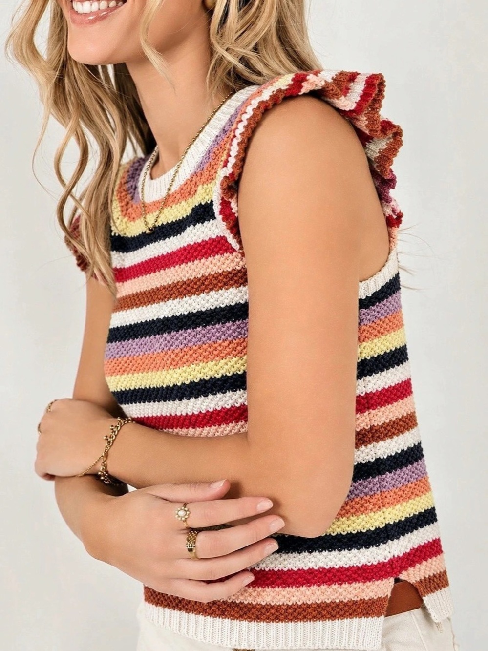 EUC Bohme Lexi Sweat Flutter Short Sleeve 100% Cotton Knit Top Multi Stripe